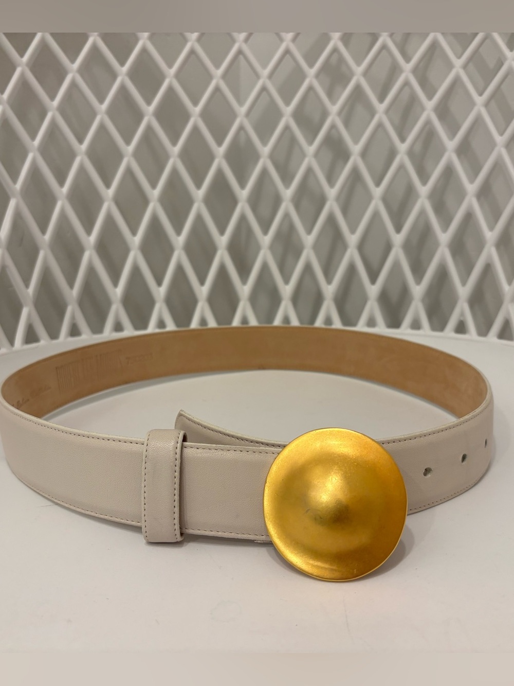 Robert Lee Morris Cream Leather Belt with Gold Disc Buckle